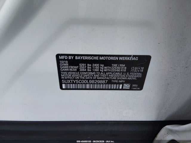 45495185 :رقم المزاد ، 5UXTY5C00L9B29887 vin ، 2020 Bmw X3 Xdrive30i مزاد بيع