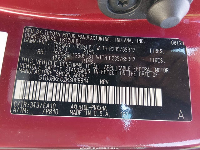 5TDJRKEC2MS068814 Toyota SIENNA XLE