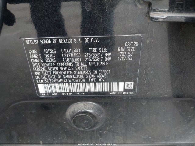 3CZRU5H5XLM706106 Honda Hr-v 2wd Ex