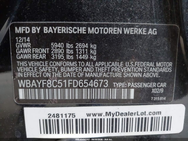 Aukcja sprzedaży 2015 Bmw 750li Xdrive, vin: WBAYF8C51FD654673, numer aukcji: 45495202