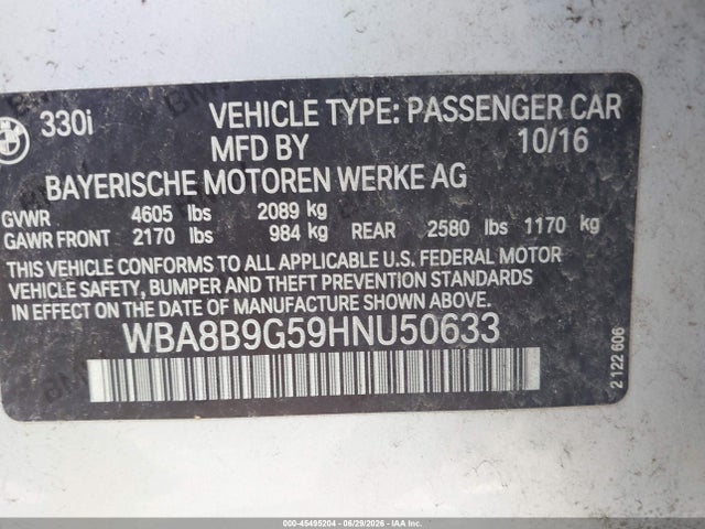 2017 Bmw 330i მანქანა იყიდება აუქციონზე, vin: WBA8B9G59HNU50633, აუქციონის ნომერი: 45495204