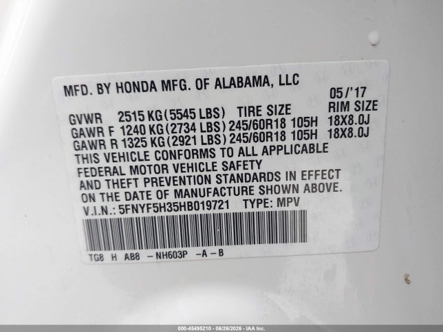 Honda Pilot Ex 2017 5FNYF5H35HB019721 Image 9