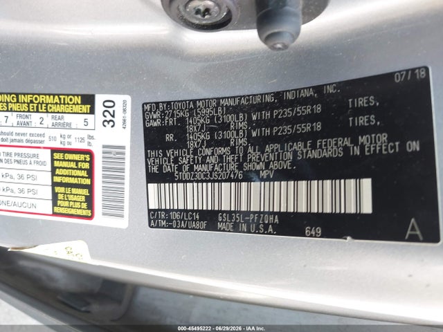 Aukcja sprzedaży 2018 Toyota Sienna Xle Premium 7 Passenger, vin: 5TDDZ3DC3JS207476, numer aukcji: 45495222