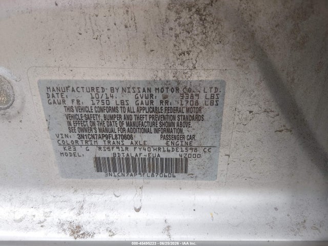 3N1CN7AP9FL870606 Nissan Versa 1.6 S