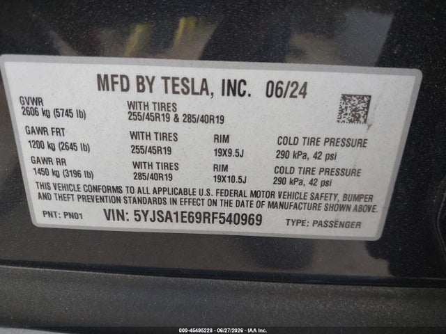 45495228 :رقم المزاد ، 5YJSA1E69RF540969 vin ، 2024 Tesla Model S Plaid Tri Motor All-wheel Drive مزاد بيع
