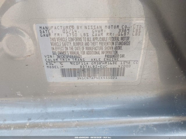 3N1CN7AP4EK455021 Nissan Versa 1.6 S/1.6 S+/1.6 Sl/1.6 Sv/s