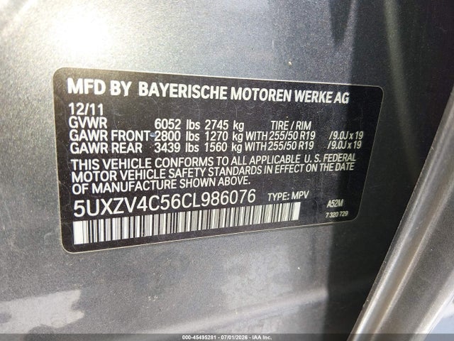 45495281 :رقم المزاد ، 5UXZV4C56CL986076 vin ، 2012 Bmw X5 مزاد بيع