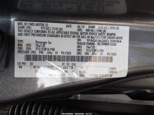 45495287 :رقم المزاد ، 1FADP3K29EL329384 vin ، 2014 Ford Focus Se مزاد بيع