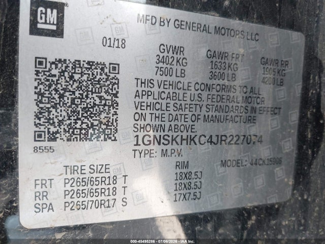 2018 Chevrolet Suburban Lt მანქანა იყიდება აუქციონზე, vin: 1GNSKHKC4JR227074, აუქციონის ნომერი: 45495286