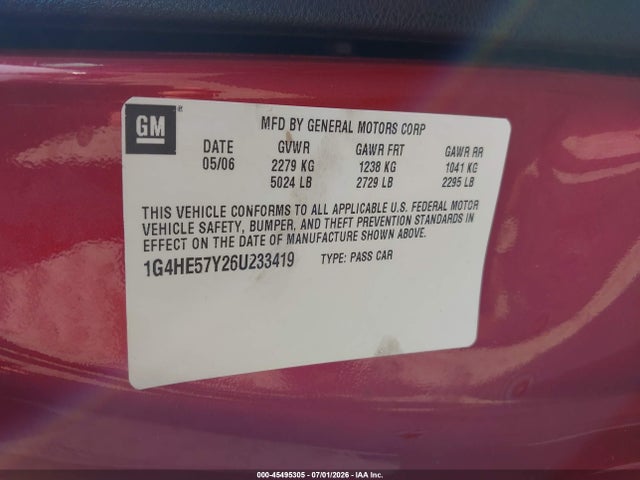 Aukcja sprzedaży 2006 Buick Lucerne Cxs, vin: 1G4HE57Y26U233419, numer aukcji: 45495305