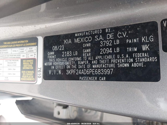 2023 Kia Forte Lxs მანქანა იყიდება აუქციონზე, vin: 3KPF24AD6PE683997, აუქციონის ნომერი: 45495326