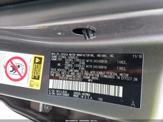 Aukcja sprzedaży 2019 Toyota Highlander Xle, vin: 5TDJZRFH4KS626937, numer aukcji: 45495330