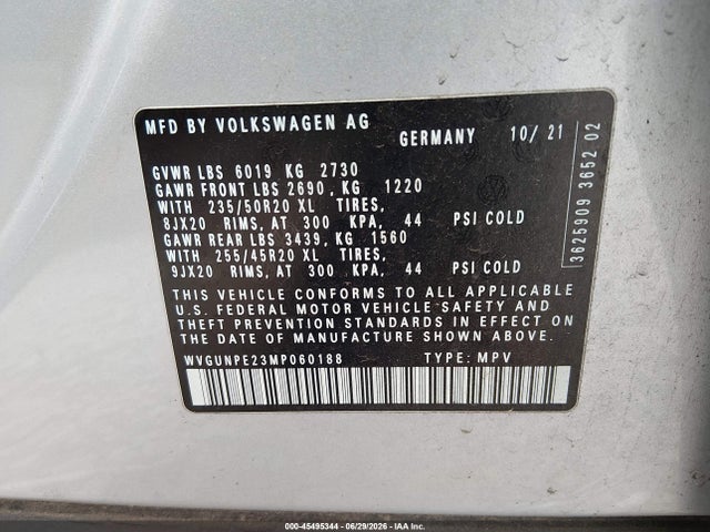 Продажа на аукционе авто 2021 Volkswagen Id.4 Awd Pro S, vin: WVGUNPE23MP060188, номер лота: 45495344