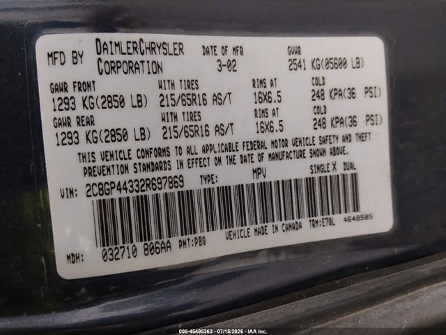 Aukcja sprzedaży 2002 Chrysler Town & Country Lx, vin: 2C8GP44332R697869, numer aukcji: 45495363