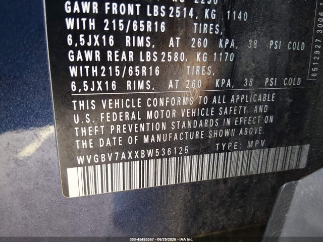 45495367 :رقم المزاد ، WVGBV7AXXBW536125 vin ، 2011 Volkswagen Tiguan S مزاد بيع