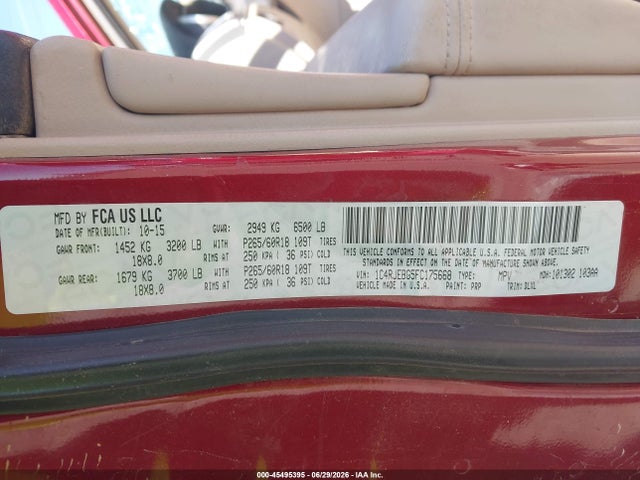 2015 Jeep Grand Cherokee Limited მანქანა იყიდება აუქციონზე, vin: 1C4RJEBG5FC175668, აუქციონის ნომერი: 45495395