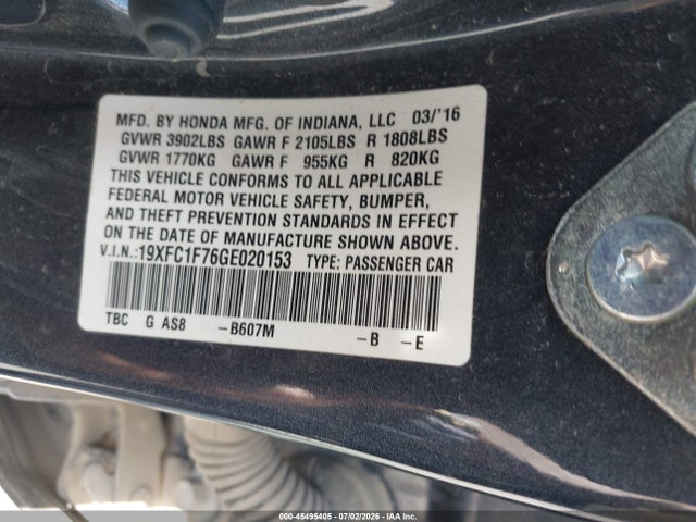 Aukcja sprzedaży 2016 Honda Civic Ex-l, vin: 19XFC1F76GE020153, numer aukcji: 45495405