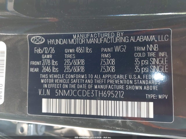 Aukcja sprzedaży 2026 Hyundai Tucson Sel Premium, vin: 5NMJCCDE3TH695212, numer aukcji: 45495409