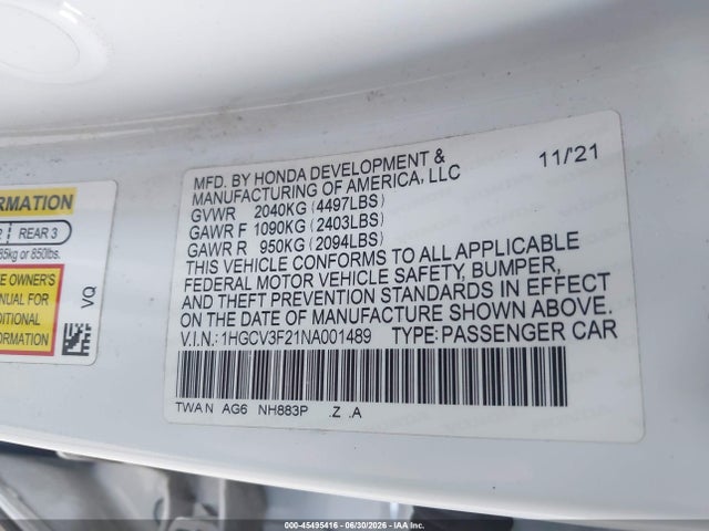 1HGCV3F21NA001489 Honda Accord Hybrid Sport