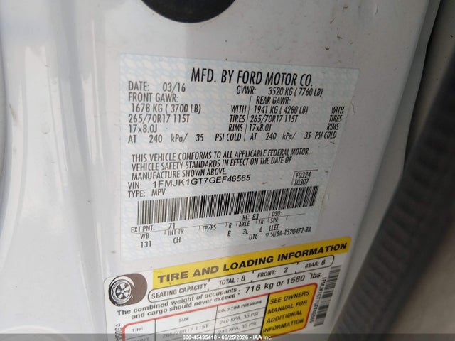 1FMJK1GT7GEF46565 Ford Expedition El Xl