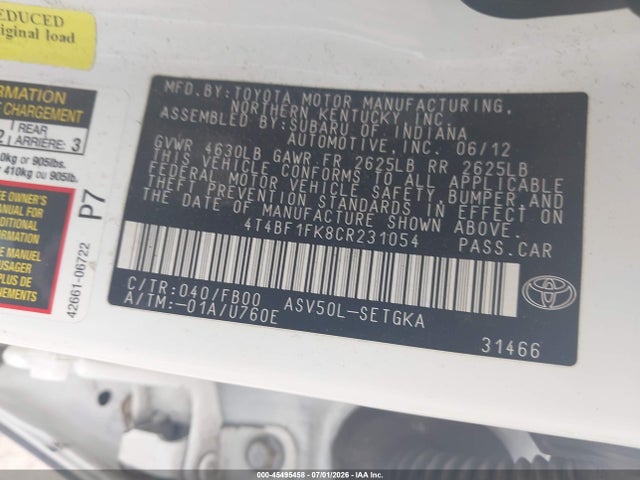 Продаж на аукціоні авто 2012 Toyota Camry Xle, vin: 4T4BF1FK8CR231054, номер лоту: 45495458
