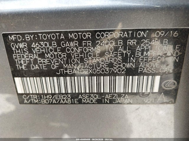 2016 Lexus Is 200t მანქანა იყიდება აუქციონზე, vin: JTHBA1D2XG5037902, აუქციონის ნომერი: 45495489