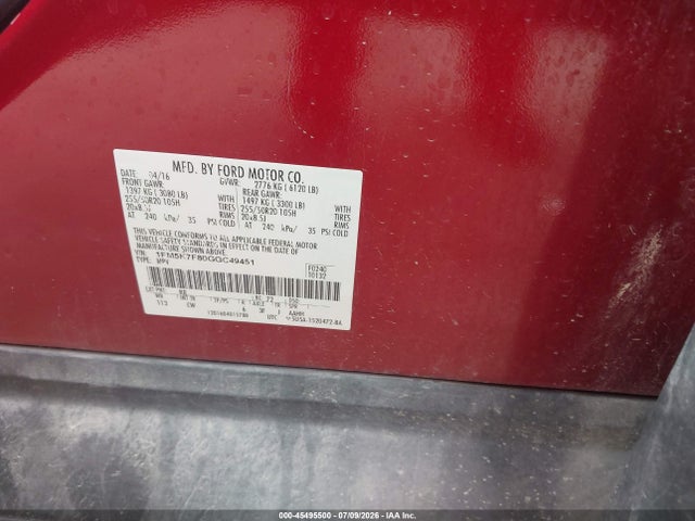 45495500 :رقم المزاد ، 1FM5K7F80GGC49451 vin ، 2016 Ford Explorer Limited مزاد بيع