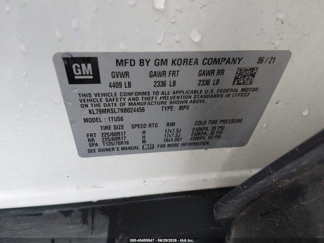 Aukcja sprzedaży 2022 Chevrolet Trailblazer Awd Lt, vin: KL79MRSL7NB024456, numer aukcji: 45495547