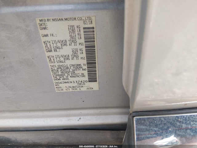 Aukcja sprzedaży 2018 Nissan Murano Sv, vin: 5N1AZ2MH6JN137420, numer aukcji: 45495586