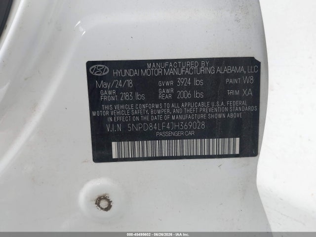 Aukcja sprzedaży 2018 Hyundai Elantra Sel, vin: 5NPD84LF4JH369028, numer aukcji: 45495602