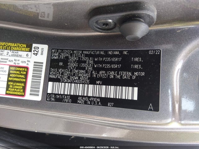2022 Toyota Sienna Le მანქანა იყიდება აუქციონზე, vin: 5TDKSKFC4NS054535, აუქციონის ნომერი: 45495604