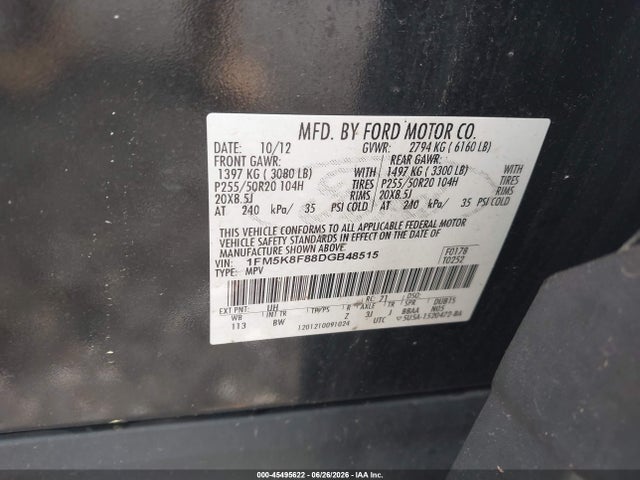 45495622 :رقم المزاد ، 1FM5K8F88DGB48515 vin ، 2013 Ford Explorer Limited مزاد بيع
