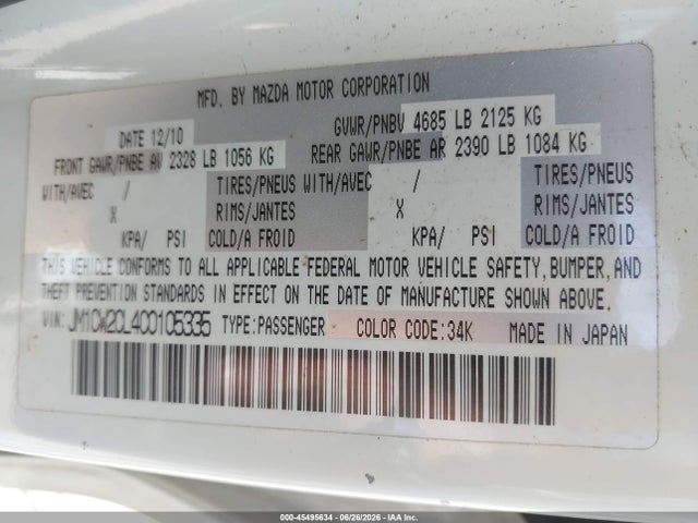 Aukcja sprzedaży 2012 Mazda Mazda5 Touring, vin: JM1CW2CL4C0105335, numer aukcji: 45495634