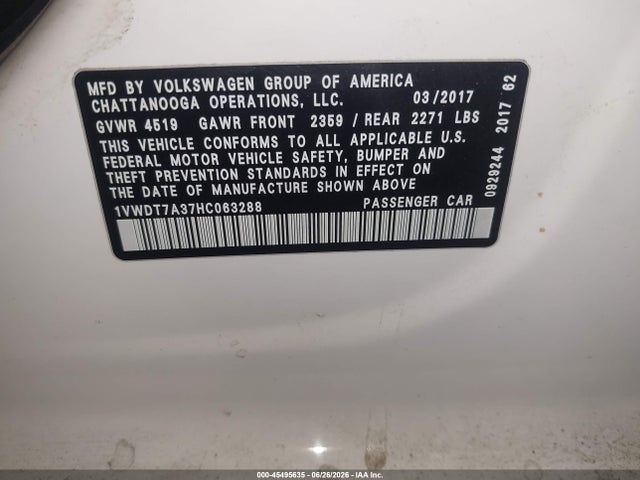 Aukcja sprzedaży 2017 Volkswagen Passat 1.8t R-line, vin: 1VWDT7A37HC063288, numer aukcji: 45495635