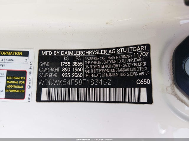 Продажа на аукционе авто 2008 Mercedes-benz Slk 280, vin: WDBWK54F58F183452, номер лота: 45495644