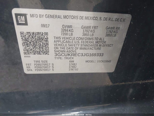 45495670 :رقم المزاد ، 3GCUKREC3JG169333 vin ، 2018 Chevrolet Silverado 1500 1lt مزاد بيع