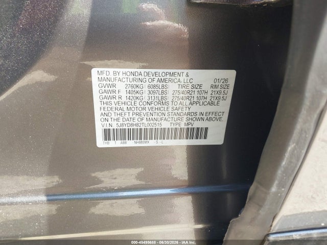 Aukcja sprzedaży 2026 Acura Mdx Type S Advance Package, vin: 5J8YD8H82TL002515, numer aukcji: 45495688