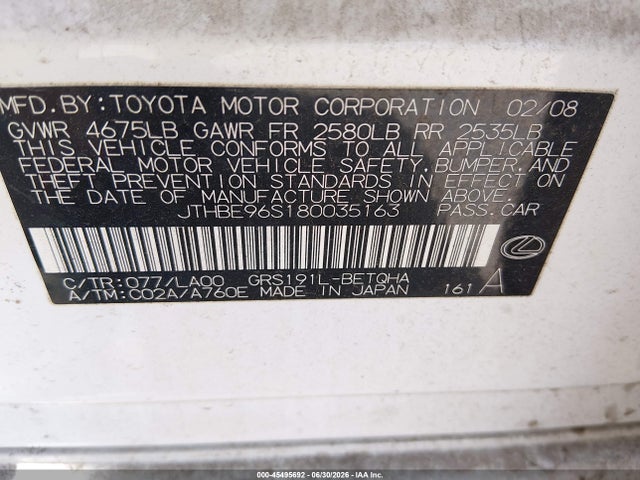 Auction sale of the 2008 Lexus Gs 350, vin: JTHBE96S180035163, lot number: 45495692