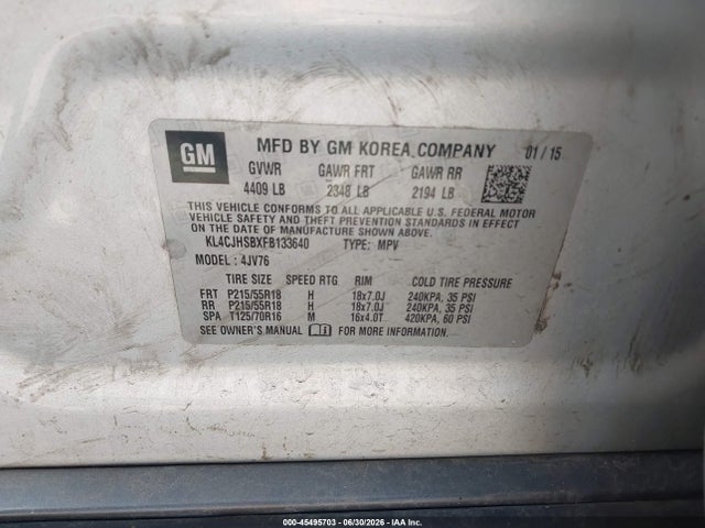 2015 Buick Encore Premium მანქანა იყიდება აუქციონზე, vin: KL4CJHSBXFB133640, აუქციონის ნომერი: 45495703
