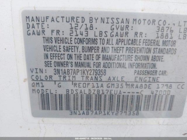 Nissan SENTRA SV 2019 3N1AB7AP1KY279358 Image 9