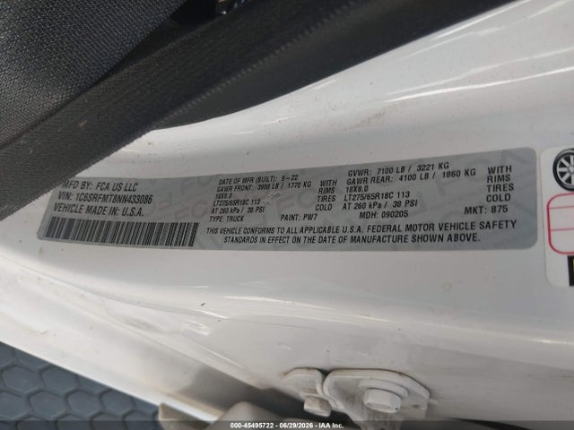 45495722 :رقم المزاد ، 1C6SRFMT8NN433086 vin ، 2022 Ram 1500 مزاد بيع