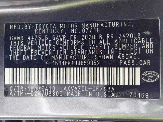 45495729 :رقم المزاد ، 4T1B11HK4JU659352 vin ، 2018 Toyota Camry Se مزاد بيع
