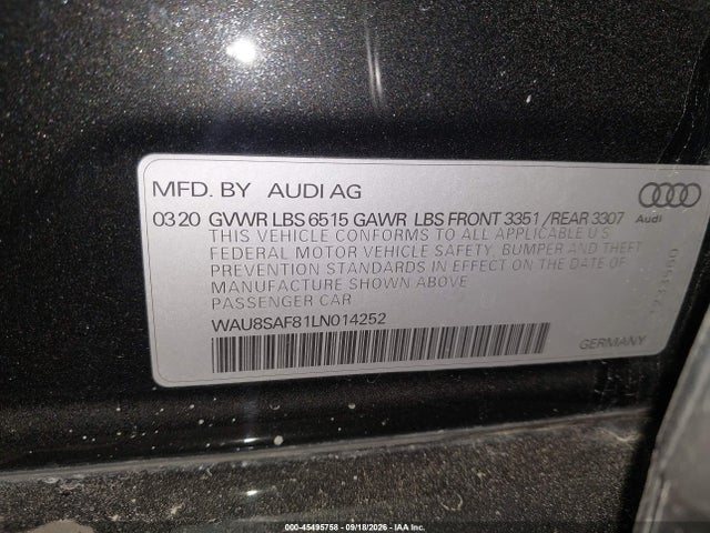45495758 :رقم المزاد ، WAU8SAF81LN014252 vin ، 2020 Audi S8 Tfsi Quattro Tiptronic مزاد بيع