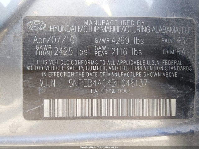 45495761 :رقم المزاد ، 5NPEB4AC4BH048137 vin ، 2011 Hyundai Sonata Gls مزاد بيع