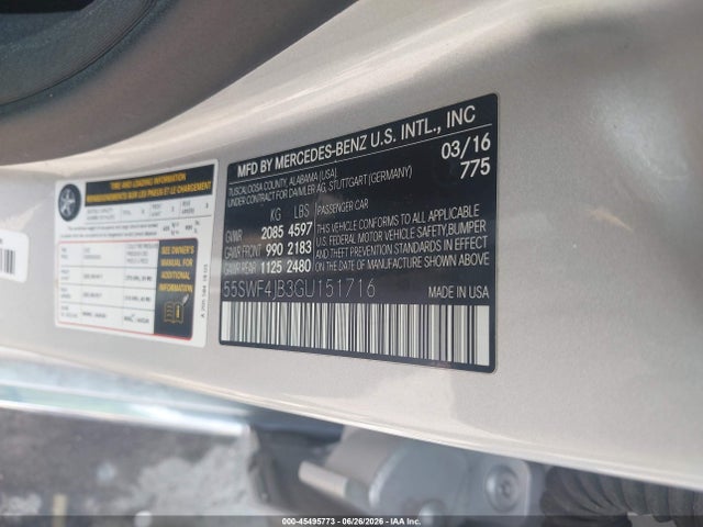 45495773 :رقم المزاد ، 55SWF4JB3GU151716 vin ، 2016 Mercedes-benz C 300 مزاد بيع