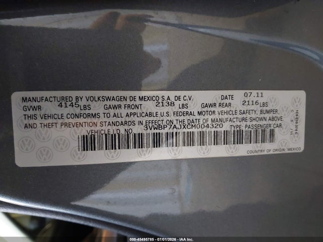 Aukcja sprzedaży 2012 Volkswagen Jetta 2.5l Se, vin: 3VWBP7AJXCM004320, numer aukcji: 45495785