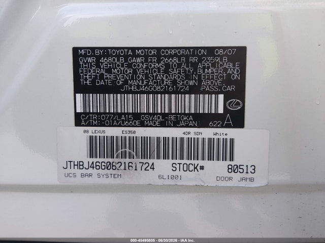 Aukcja sprzedaży 2008 Lexus Es 350, vin: JTHBJ46G082161724, numer aukcji: 45495805