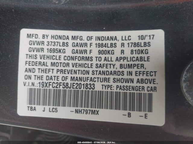 Honda Civic Lx 2018 19XFC2F58JE201833 Image 9