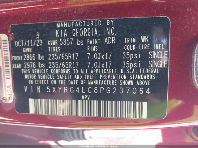 Aukcja sprzedaży 2023 Kia Sorento Lx, vin: 5XYRG4LC8PG237064, numer aukcji: 45495849