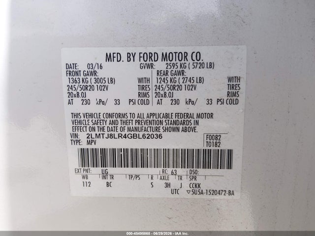 Продаж на аукціоні авто 2016 Lincoln Mkx Reserve, vin: 2LMTJ8LR4GBL62036, номер лоту: 45495868